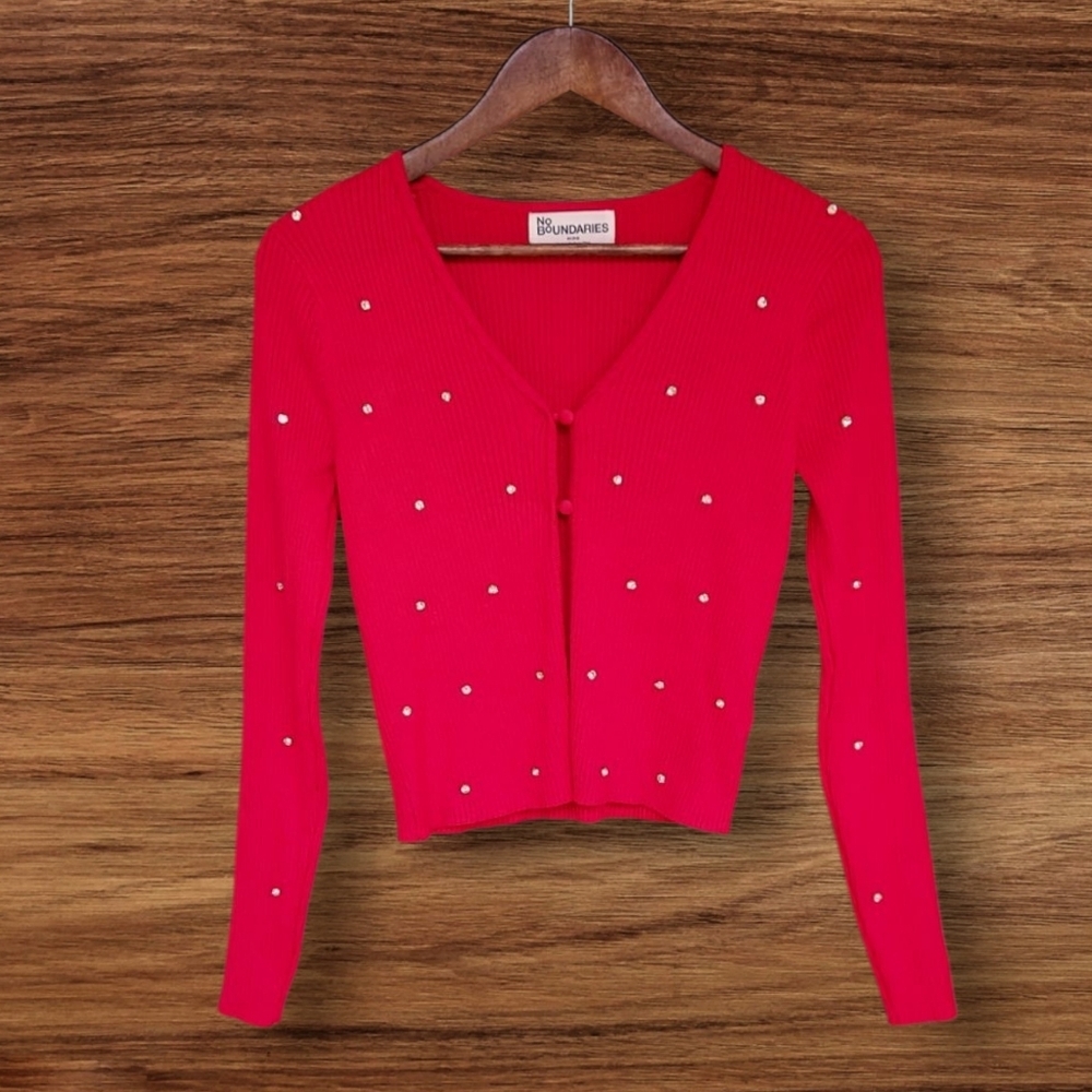 Y2K No Boundaries Red Cardigan Sweater with Studded Design Cropped
